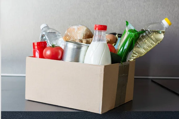 Various Food Bottle Oil Milk Water Fresh Vegetables Cardboard Box — Stock Photo, Image