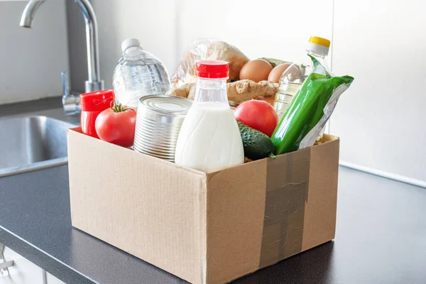 Various Food Bottle Oil Milk Water Fresh Vegetables Cardboard Box — Stock Photo, Image