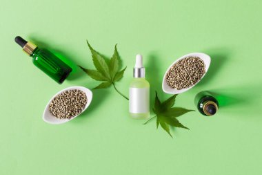 Tıbbi CBD yağlı cam şişeler, kuru ve taze kenevir yaprakları, yeşil arka planda kenevir tohumları. Alternatif tıp konsepti. Bitkisel kozmetik.