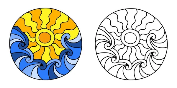 Cercle rempli de caniches avec vagues de mer et soleil — Image vectorielle
