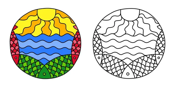 Doodle diisi lingkaran dengan laut matahari dan ikan - Stok Vektor