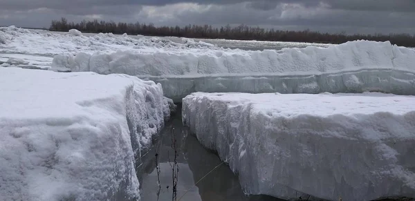 Dérive Glace Sur Rivière Irtysh Dans Région Omsk — Photo