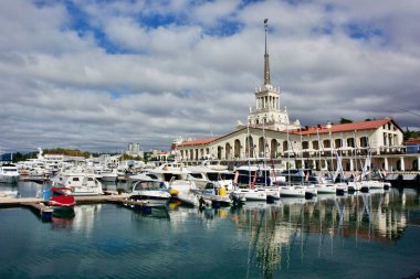 Many beautiful yachts standing in the bay of the Sea Port of Sochi