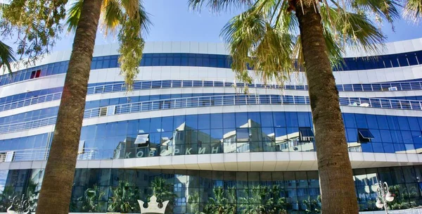 Modern bir binanın arka planında palmiye ağacı ve mavi gökyüzü. — Stok fotoğraf