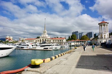 Many beautiful yachts standing in the bay of the Sea Port of Sochi