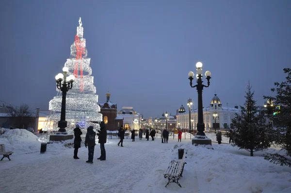 Omsk Russia Jaunary 2020 Evening Lights Christmas Decoration Lenin Street — 图库照片