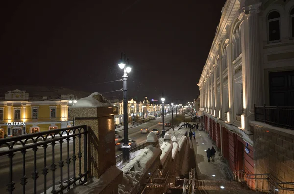 Omsk Russia Styczeń 2020 Widok Nocnych Świateł Ulicę Lenina — Zdjęcie stockowe
