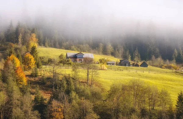 Horská vesnice v podzimním lese — Stock fotografie