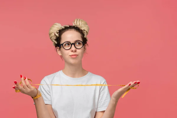 Smiling Teenager White Shirt Glasses Holding Measuring Tape Looking Copy — 스톡 사진