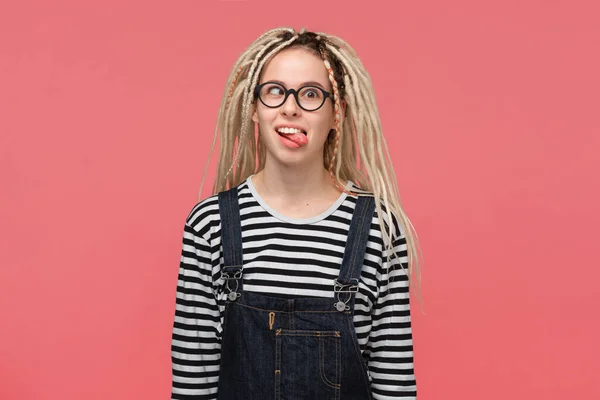 Teenager Dreadlocks Striped Shirt Jeans Jumpsuit Shwoing Grimace Isolated Pink — Stock Photo, Image