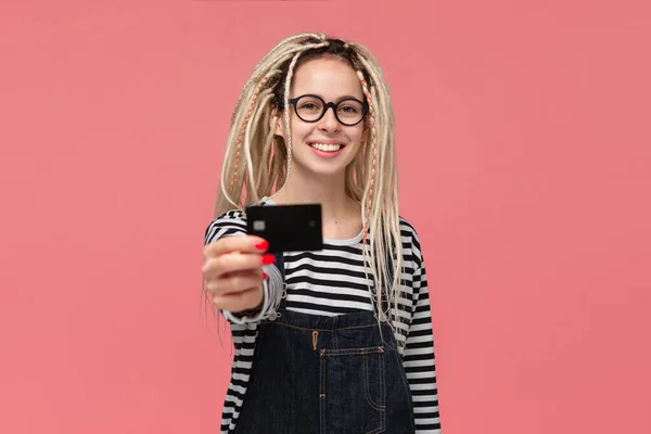 Teenager Dreadlocks Striped Shirt Jeans Jumpsuit Holding Bank Card Pay — 스톡 사진