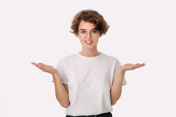 Studio Shot Smiling Clueless Young Woman White Shirt Eyeglasses Shrugging — Stock Photo, Image