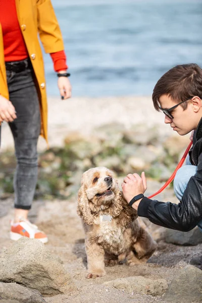 Young man training a dog at the sea shore to make it obedient. Best friends. Dog training and walking outdoors