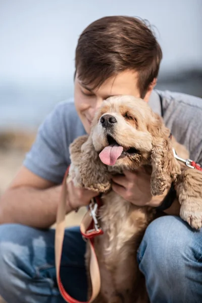 若い男が海岸で犬を抱きかかえていた 海の海岸で従順な犬をペットにしている男 親友だ 屋外で犬の散歩 ストックフォト