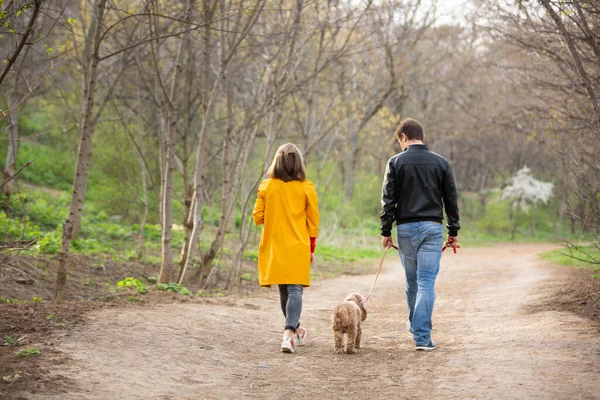 若い夫婦が森の道を犬と歩いている カメラを見て黄色のコートを着た若い女性 幸せな家族 ロイヤリティフリーのストック写真