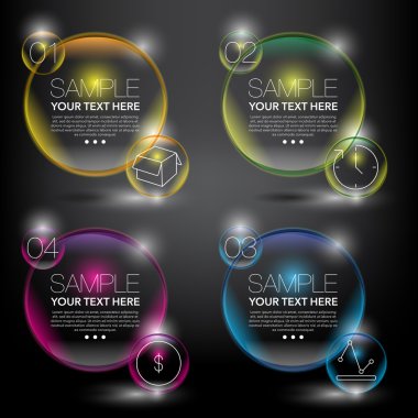 Soyut vektör afiş set. Kabarcıklar. Renkli, şeffaf ve siyah paneldeki parlak. İşletme, pazarlama kavramı için kullanın. 4 parça kavramı. Vektör çizim. Eps10.