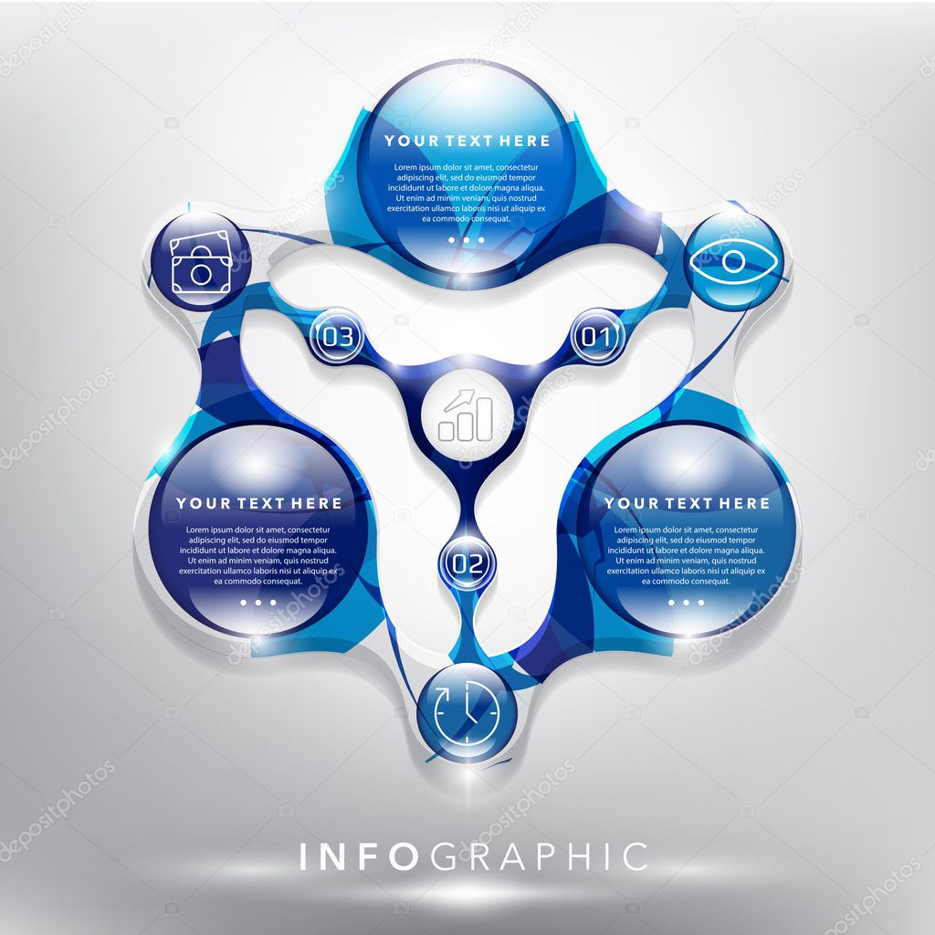 Abstract info graphic with circle elements. Glossy and transparent on the white panel. Use for business concept. 3 parts concept. Vector illustration. Eps10.