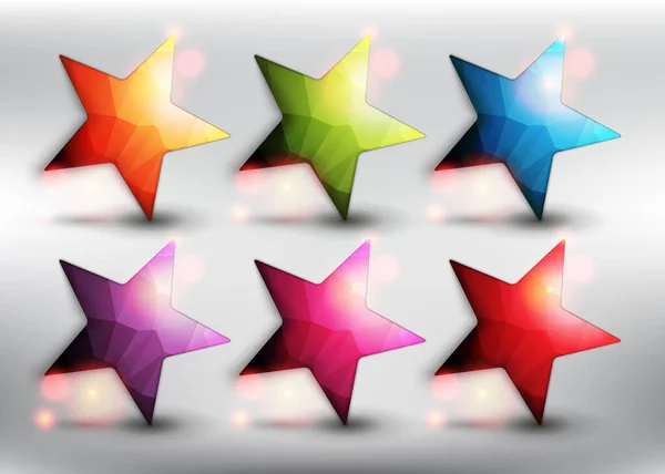 抽象向量网按钮集6 6种不同颜色的低聚星 明星偶像 在明亮的背景上 被现实透明的玻璃光泽和阴影隔离 矢量图解 第10部分 — 图库矢量图片