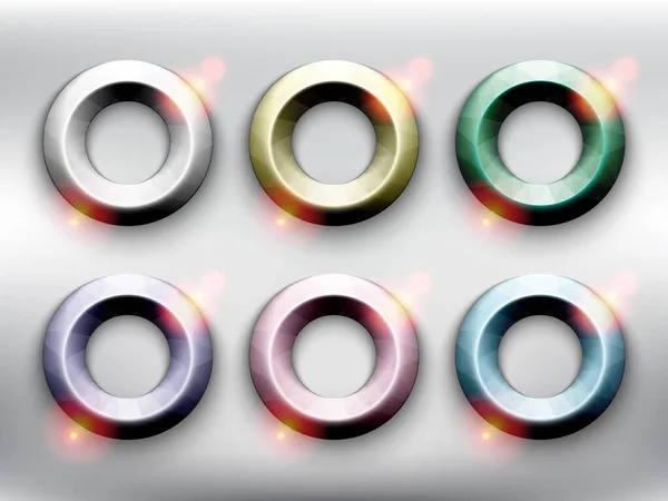 抽象向量网按钮集6 6种不同色泽的低聚合体环 在明亮的背景上 被现实 透明的玻璃光芒和阴影隔离 矢量图解 第10部分 — 图库矢量图片