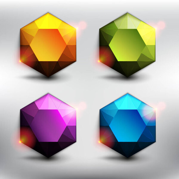 Abstract vector colorful gemstones set of 4. Hexagonal diamonds in 4 different colors. Isolated with realistic, transparent shine and shadow on the light background. Vector illustration. Eps10.