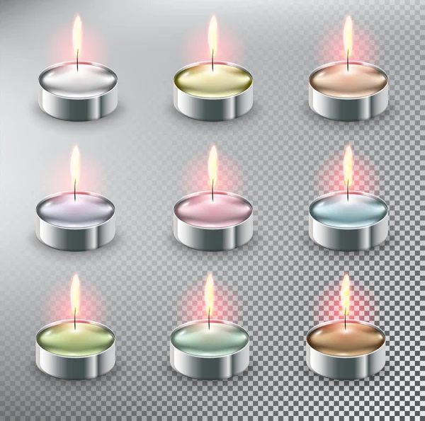 Set Candele Vettoriali Colorate Candele Aromatiche Tealight Realistico Isolato Con — Vettoriale Stock