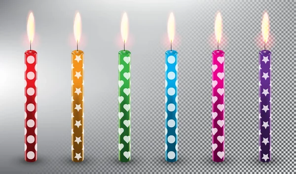 Set Vector Candles Birthday Cake Candles Realistic Isolated Transparent Burning — Stock Vector