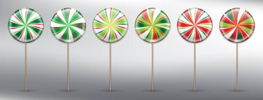 Altı renkli lolipop seti. Çubuklu yuvarlak şekerler ve girdap dizaynı. Noel süsü. Tatil kartları için tasarım elemanları. Beyaz panelde gerçekçi ve izole. Vektör çizimi. Bölüm 10.