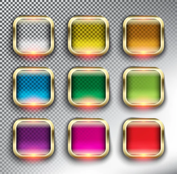 Abstract Square Web Buttons Set Square Glass Web Icons Golden — Stock Vector