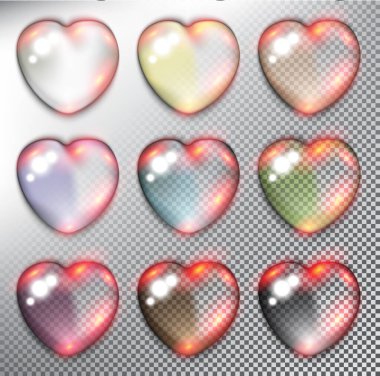 Soyut vektör ağ düğmeleri kümesi 9. Parlak kalpler. Ayrı ve şeffaf, cam parlıyor ve arka planda gölge var. Vektör çizimi. Bölüm 10.