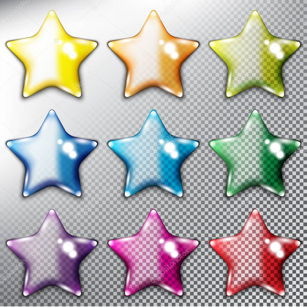 Abstract vector web buttons set of 9. Glossy stars. Isolated and transparent with glass shine and shadow on the light background. Vector illustration. Eps10.