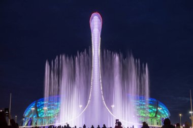 Olimpiyat meşalesinin kase hafif bir çeşme. Rusya. Sochi. Olympic Park.