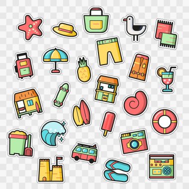 Moda yama rozetleri ile sörf ve yaz öğeleri kümesi.