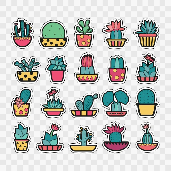 Set of Fashion patch badges with cute succulents and cactus in p — Stock Vector