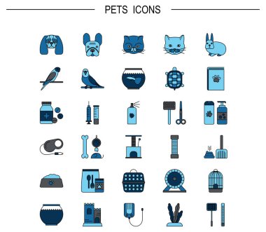 Vektör düz çizgi kutsal kişilerin resmi ile evde beslenen hayvan dükkan sembolleri.