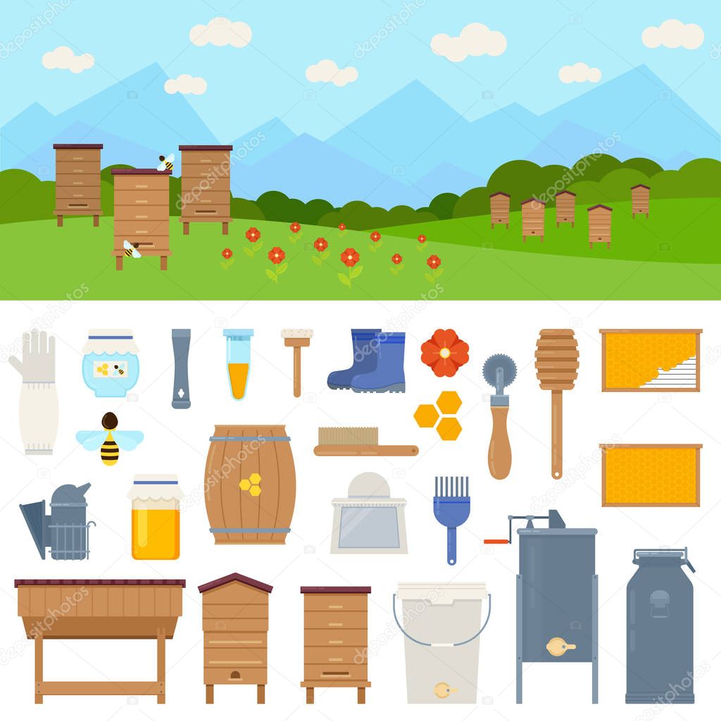Apiary vector flat illustrations with beekeeping elements - wooden hive, honey, bees, flowers, tools beekeeper, honeycomb. Vector illustration on white background