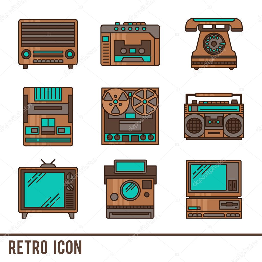 Vector line icons with retro appliances. Line icons of radio, telephone, tape recorder, voice recorder, TV and other.