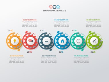 İş Infographic şablonuyla vites cogwheels 6 adımları, işlemler, parçalar, seçenekleri. 