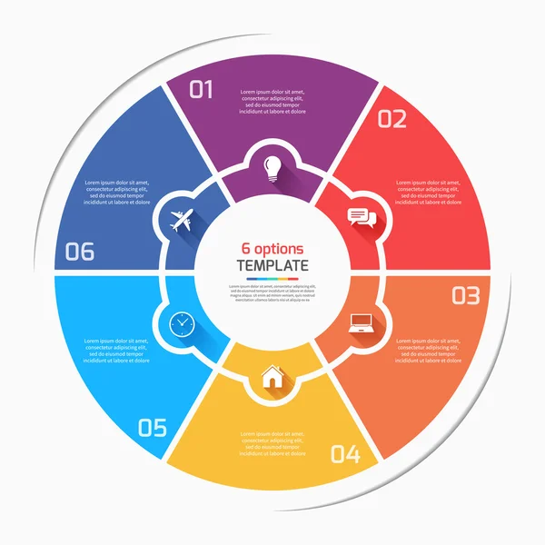 Platte cirkeldiagram cirkel infographic stijlsjabloon met 6 opties, stappen, onderdelen, processen — Stockvector