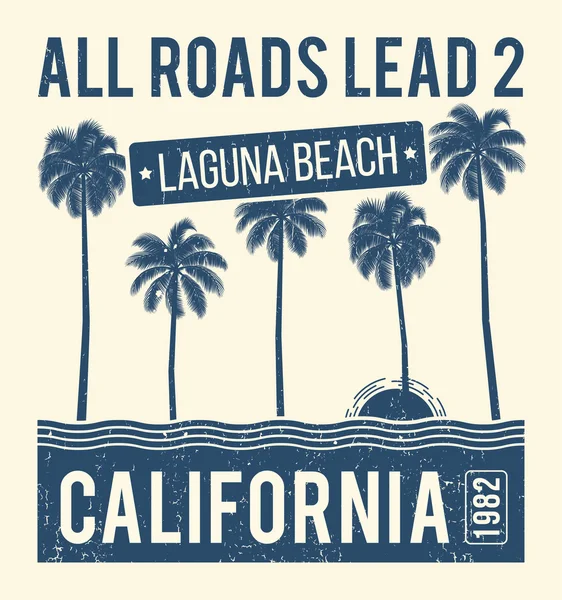 Camiseta de diseño gráfico de California con palmas. Impresión de la camiseta, tipografía, etiqueta, insignia, emblema . — Vector de stock