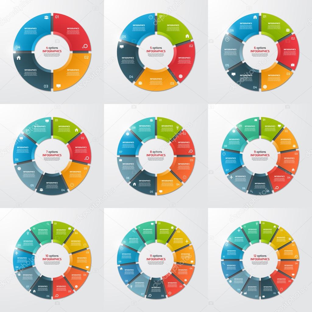 Set of pie chart circle infographic templates with 4-12 options, steps, parts, processes