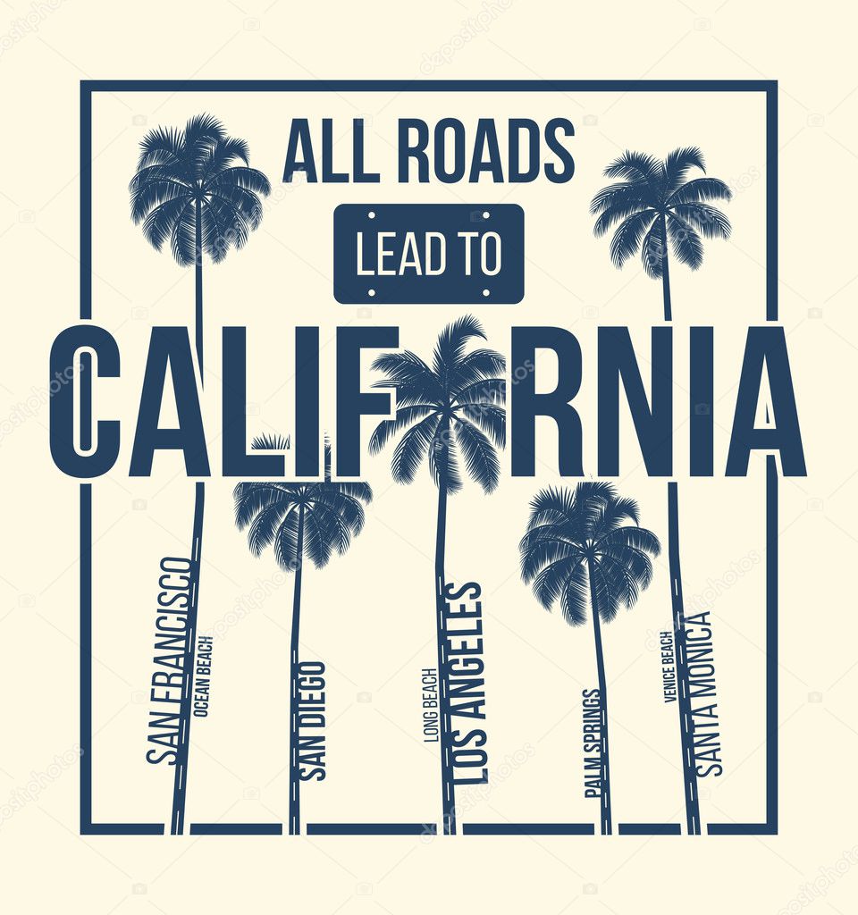 California t-shirt graphic design with palms. T-shirt print, typography, label, badge, emblem. 