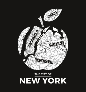 Şehir haritası ile New York büyük elma t-shirt grafik tasarım. Tişört baskı, tipografi, etiket, rozet, amblemi