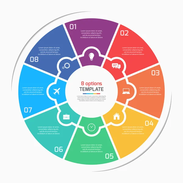 Płaski wykres kołowy koło infografikę szablon z 8 Opcje, kroki, części, procesy. — Wektor stockowy