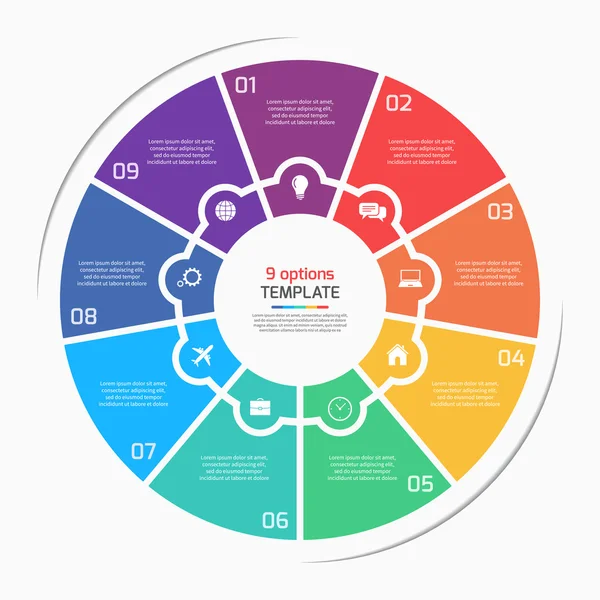 Platte cirkeldiagram cirkel infographic stijlsjabloon met 9 opties, stappen, onderdelen, processen. — Stockvector