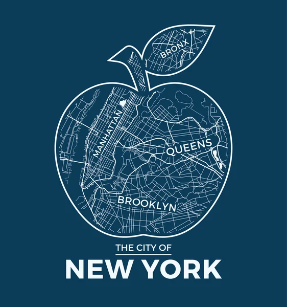 Nueva York gran manzana camiseta diseño gráfico con mapa de la ciudad. Camiseta estampada, tipografía, etiqueta, insignia, emblema . — Vector de stock