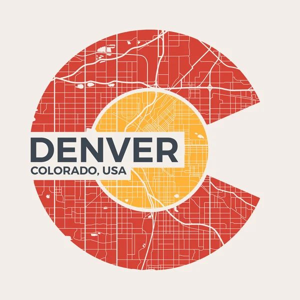 Colorado T-Shirt Grafikdesign mit Stadtplan von Denver. T-Shirt-Druck, Typografie, Etikett, Abzeichen, Emblem. — Stockvektor