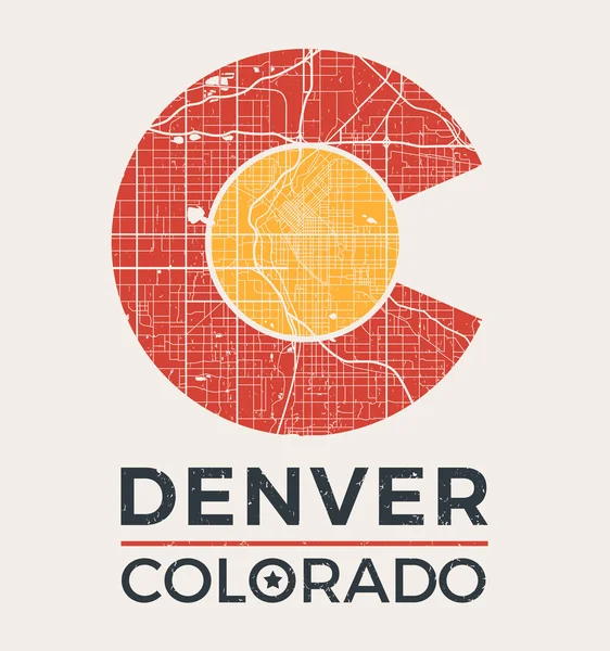 Colorado T-Shirt Grafikdesign mit Stadtplan von Denver. T-Shirt-Druck, Typografie, Etikett, Abzeichen, Emblem. — Stockvektor