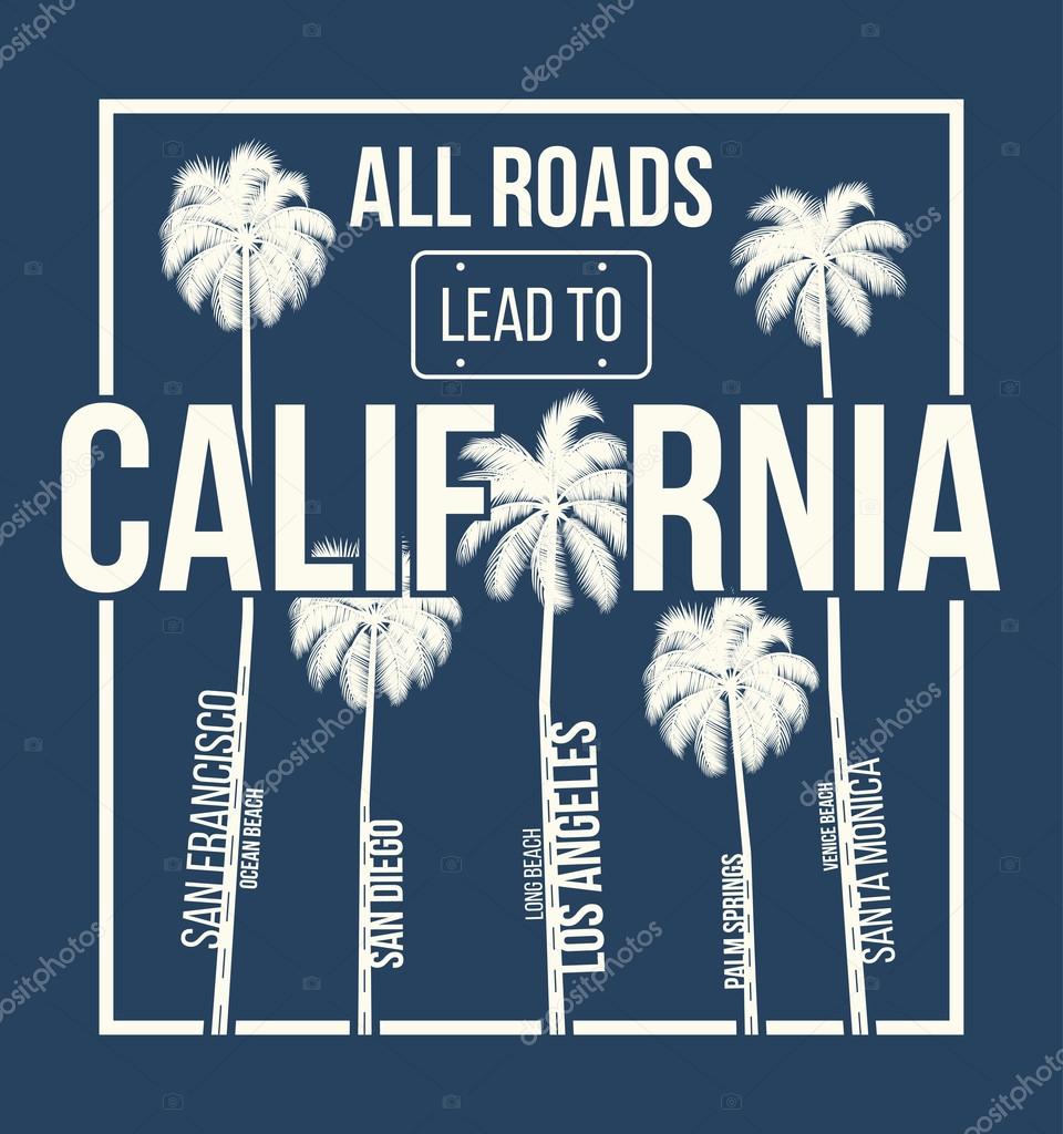 California t-shirt graphic design with palms. T-shirt print, typography, label, badge, emblem. 