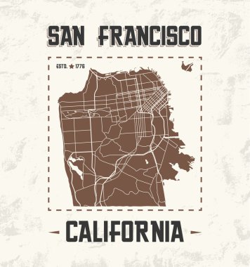 San Francisco vintage t-shirt grafik tasarım ile şehir haritası. 