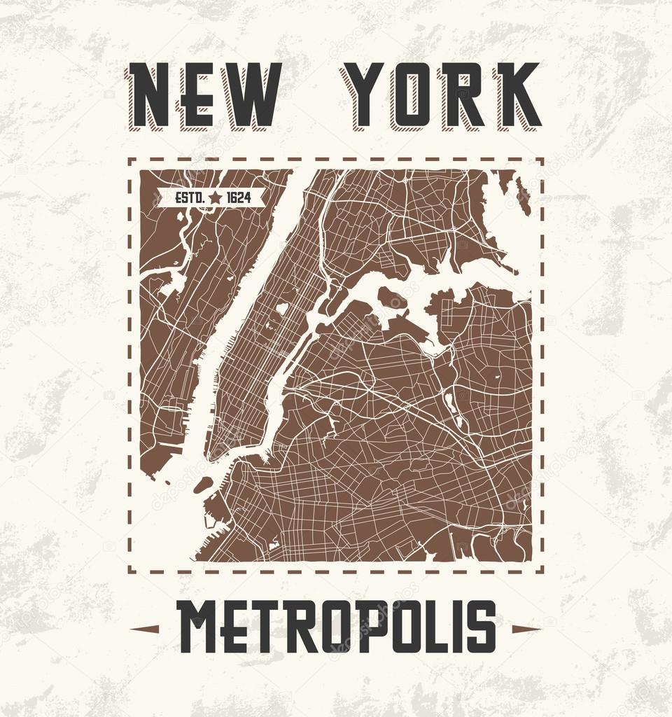 New York vintage t-shirt graphic design with city map. 